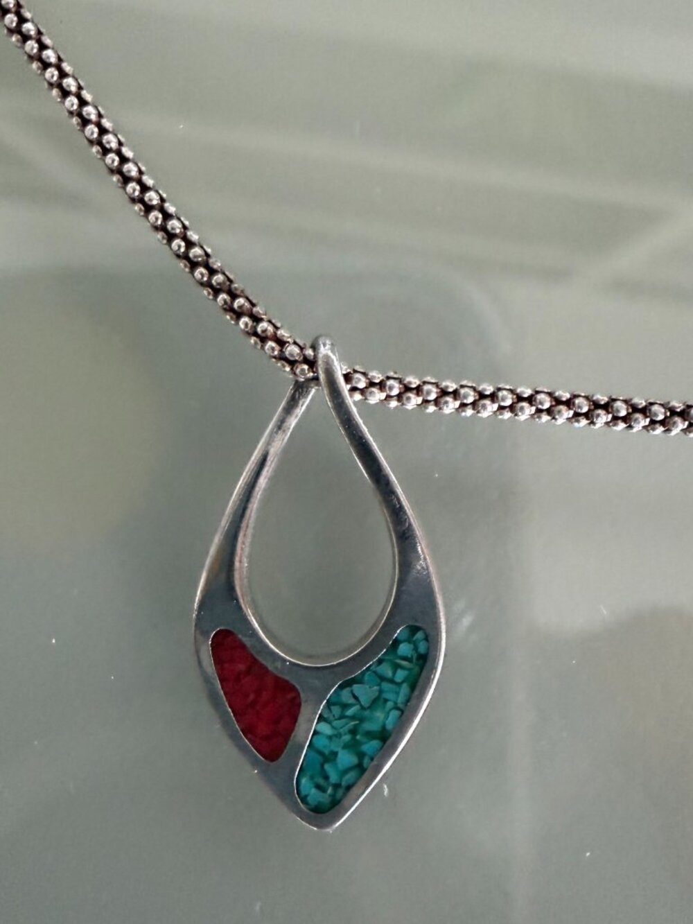 Silver Tone Teardrop Pendant Necklace Turquoise Red Inlay